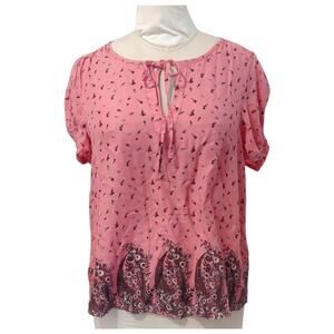 Lucky Brand Floral Tunic Blouse Coral Pink Wine Size M